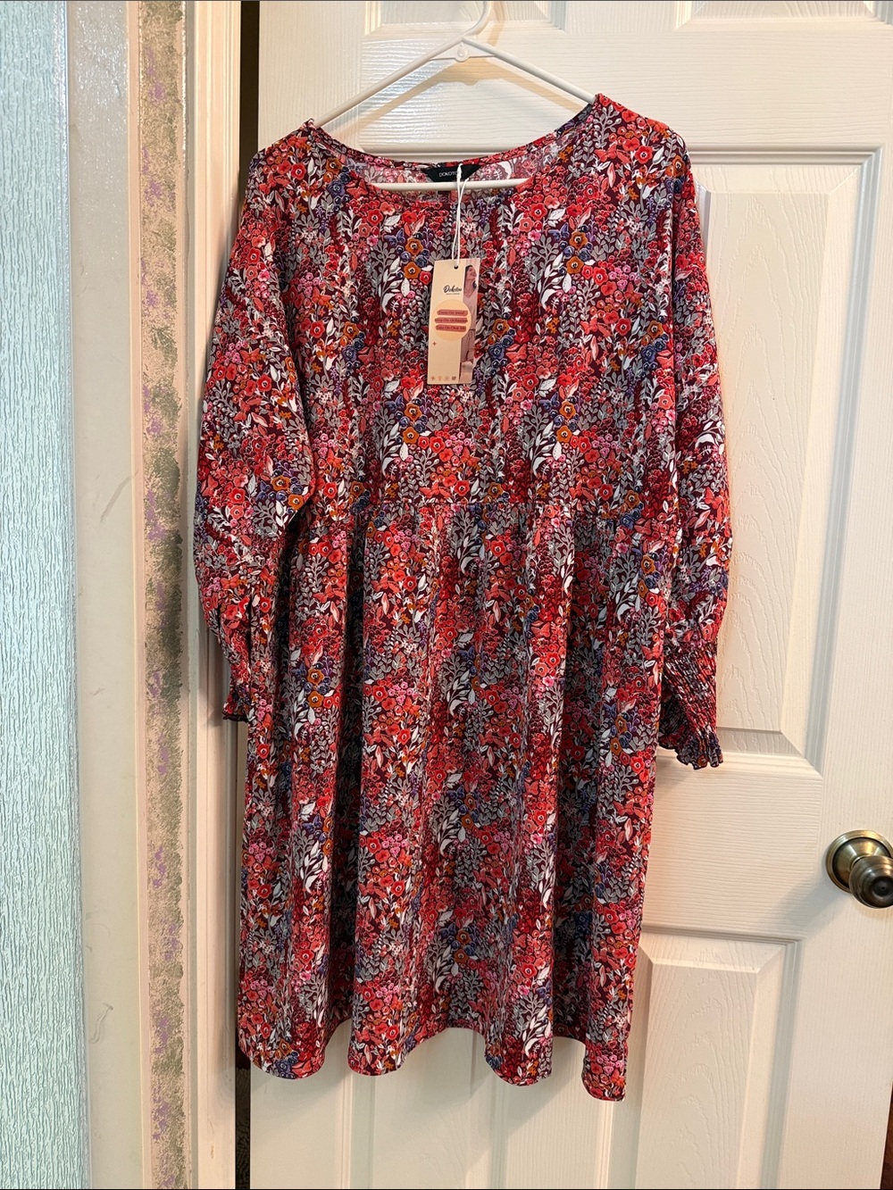 Women’s Long-Sleeve Red Floral Tiered Dress